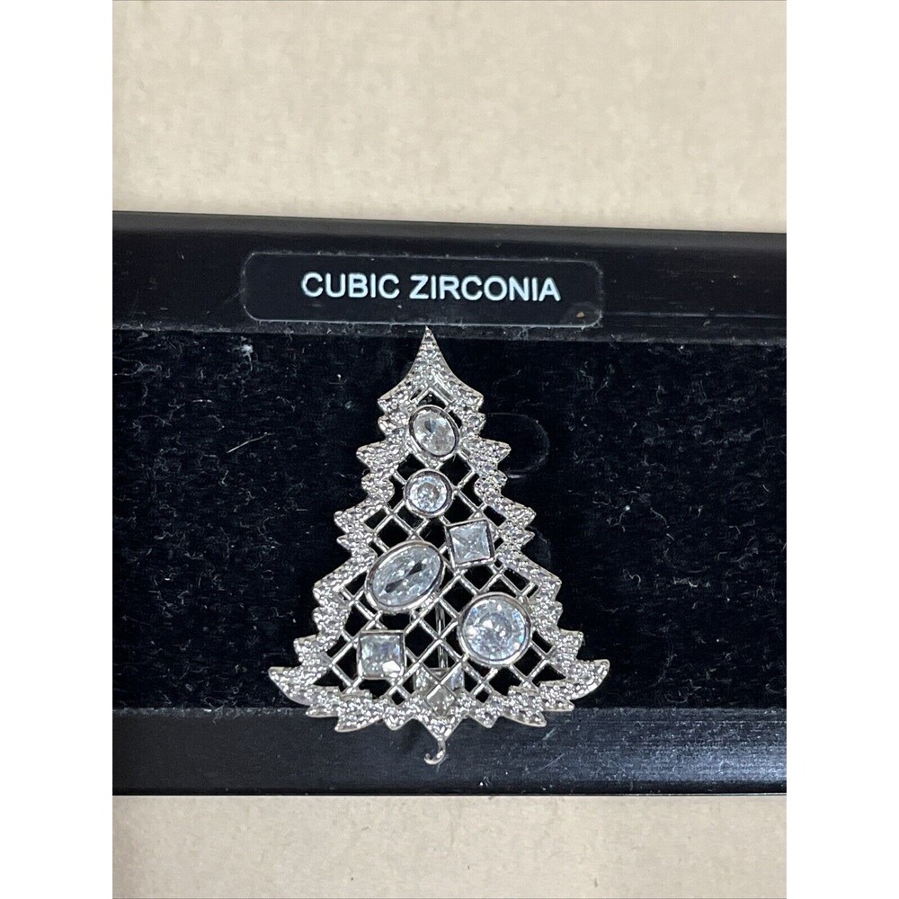 SILVER CUBIC ZIRCONIA?‎ Christmas Tree BROOCH PIN With Clear Stones VTG HTF